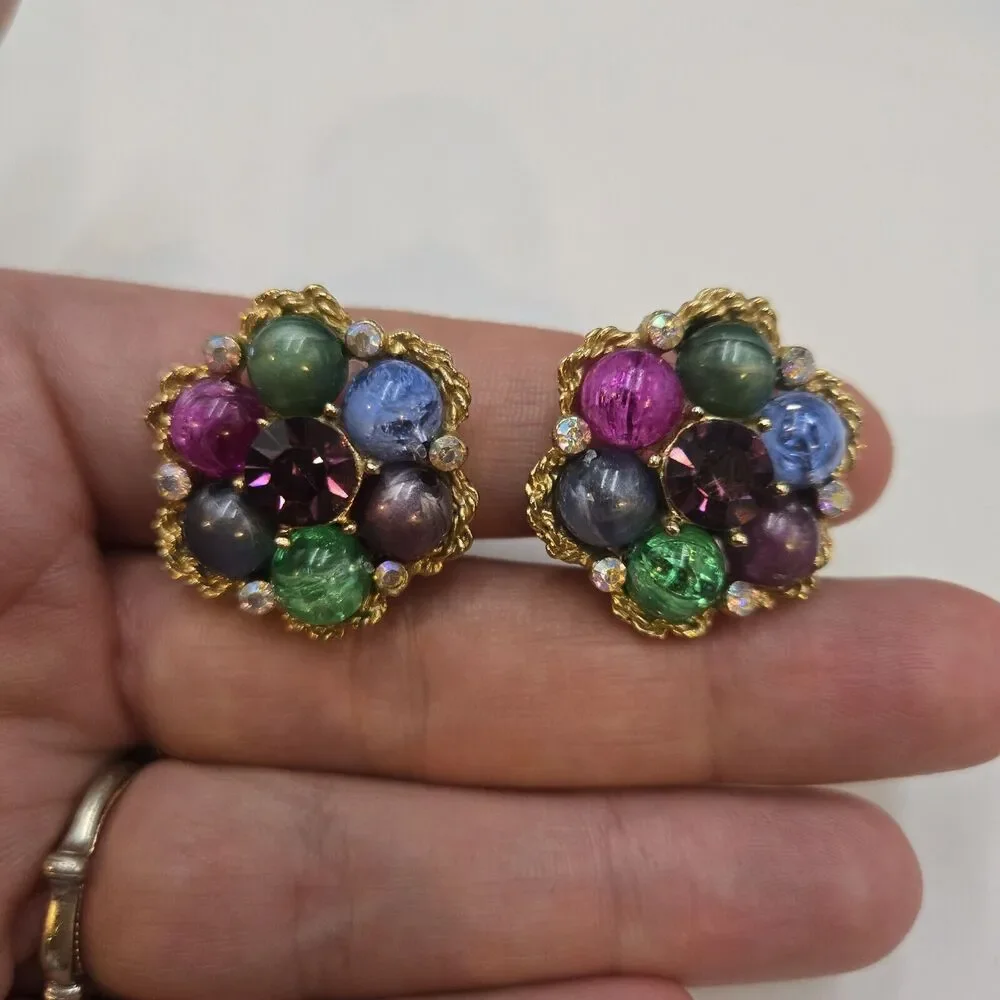 Vintage Kramer Fruit Salad Clip Earrings Lucite Cluster Beaded Gold Tone